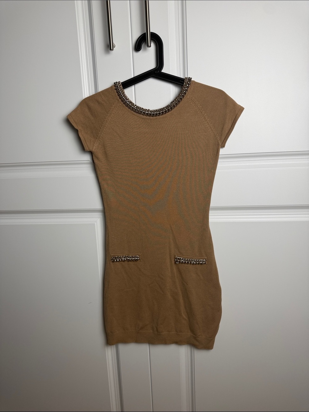 Tan Chain-Trim Short Sleeve Knit mini Dress - Women's